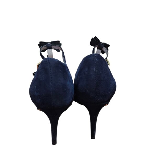 Kate Spade Navy Suede T-Strap Pumps Bow Crystal Accent Pointed Toe Heels 7BItaly - Picture 9 of 15